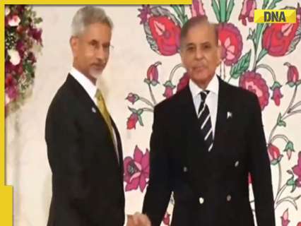 EAM Jaishankar and Pakistan PM Sharif shake hands at SCO reception