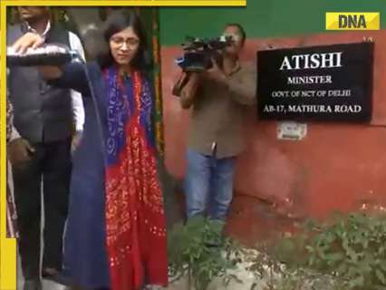 Swati Maliwal pours bottle of polluted water outside Delhi CM Atishi’s residence; WATCH